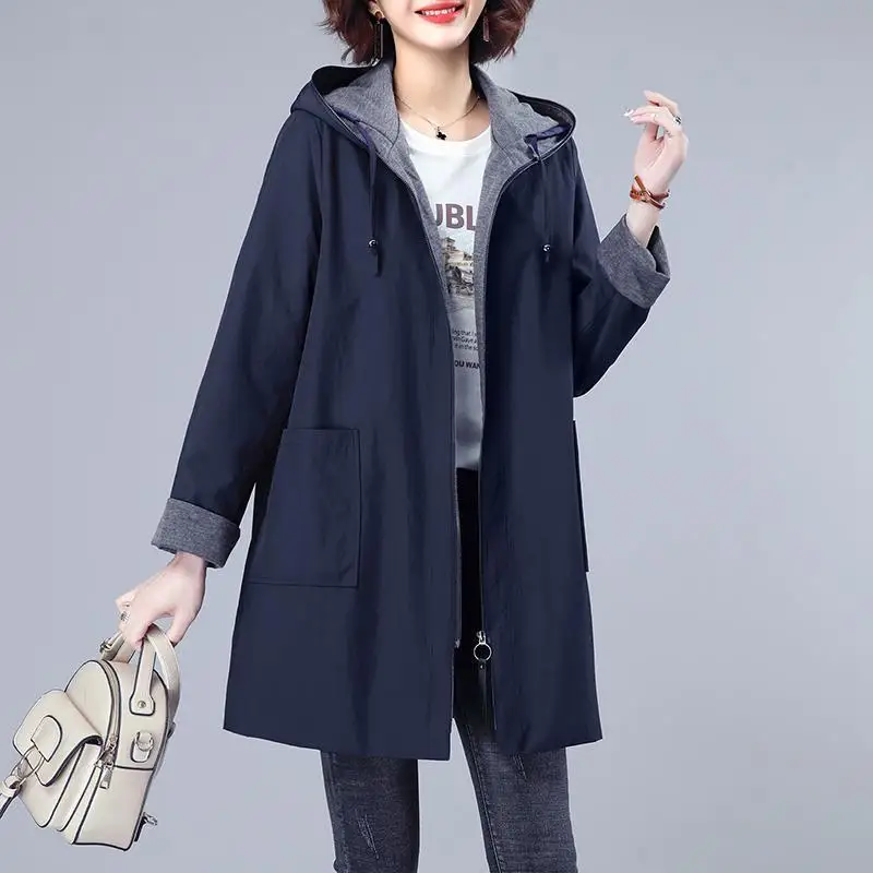 Autumn and Winter Women's Hooded Drawstring Pockets Zipper Midi Loose Solid Cardigan Fashion Casual Elegant Long Sleeve Tops