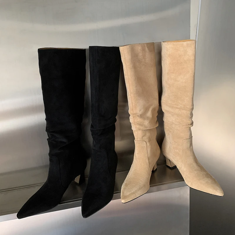 

2023 new Autumn winter women knee high boots natural leather plus size 22-25cm Elastic flock+pigskin modern boots pointed toe
