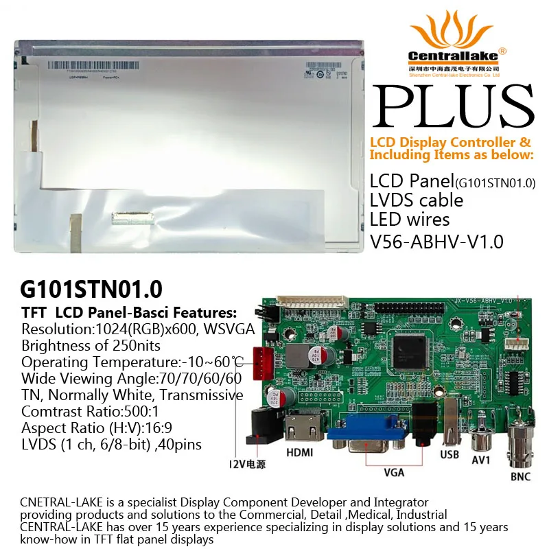 

Hot Sale for 10.1″LCD Industrial Display Screen Includes Controller Board :V56ABHV plus 10.1 inch Panel G101STN01.0