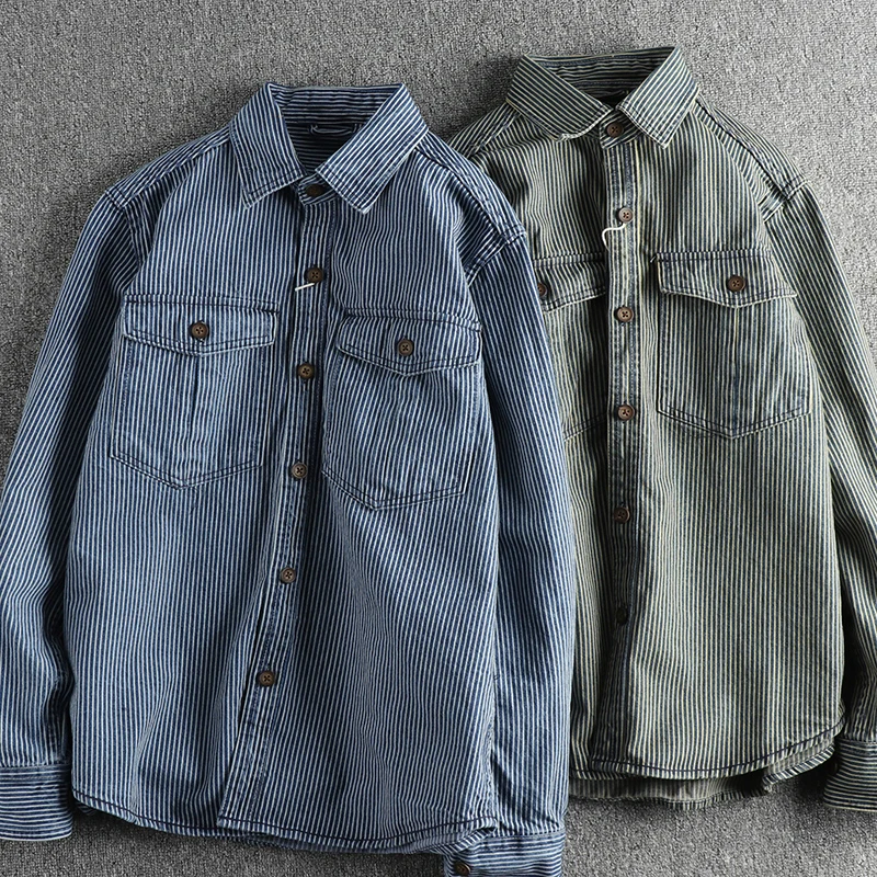 Autumn New American Retro Long Sleeved Lapel Denim Striped Cargo Shirt Men's Simple Cotton Washed Old Casual Blouses Coat