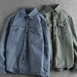 Autumn New American Retro Long Sleeved Lapel Denim Striped Cargo Shirt Men's Simple 100% Cotton Washed Old Casual Blouses Coat