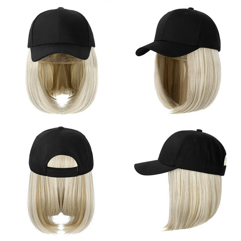 Synthetic Adjustable Black Hat Wigs Short Bob Straight Baseball Cap Wig Seamless Connection Hair Extensions for Women