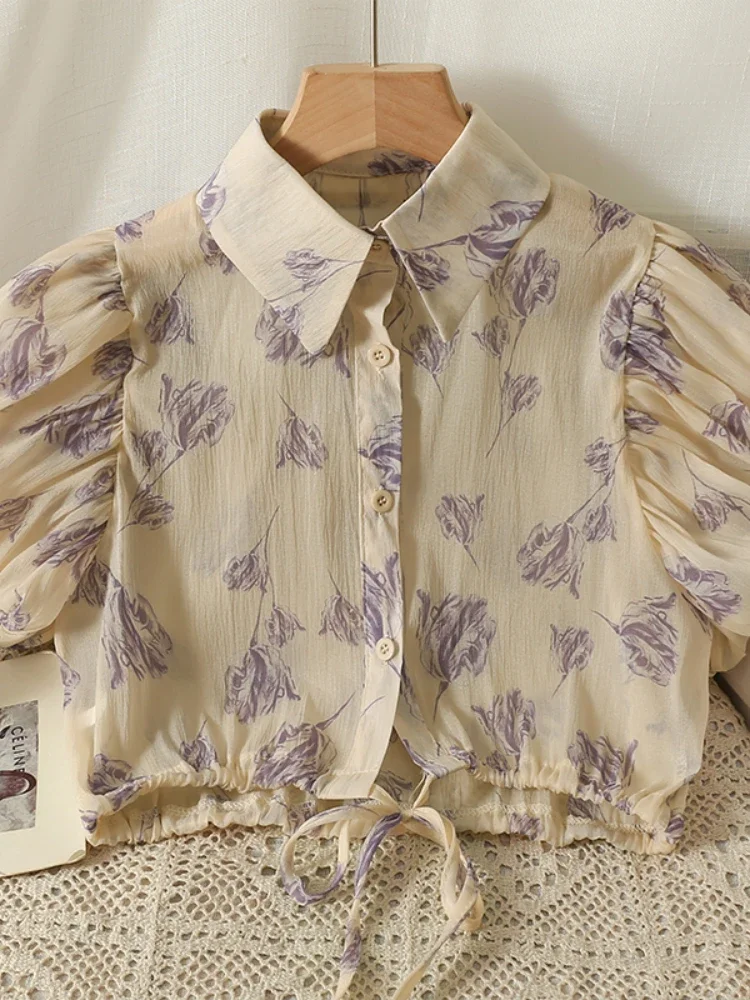 

Женская винтажная блузка с отложным воротником, Элегантная блузка с цветочным принтом и рукавами-фонариками, бандажный топ в Корейском стиле, лето 2023