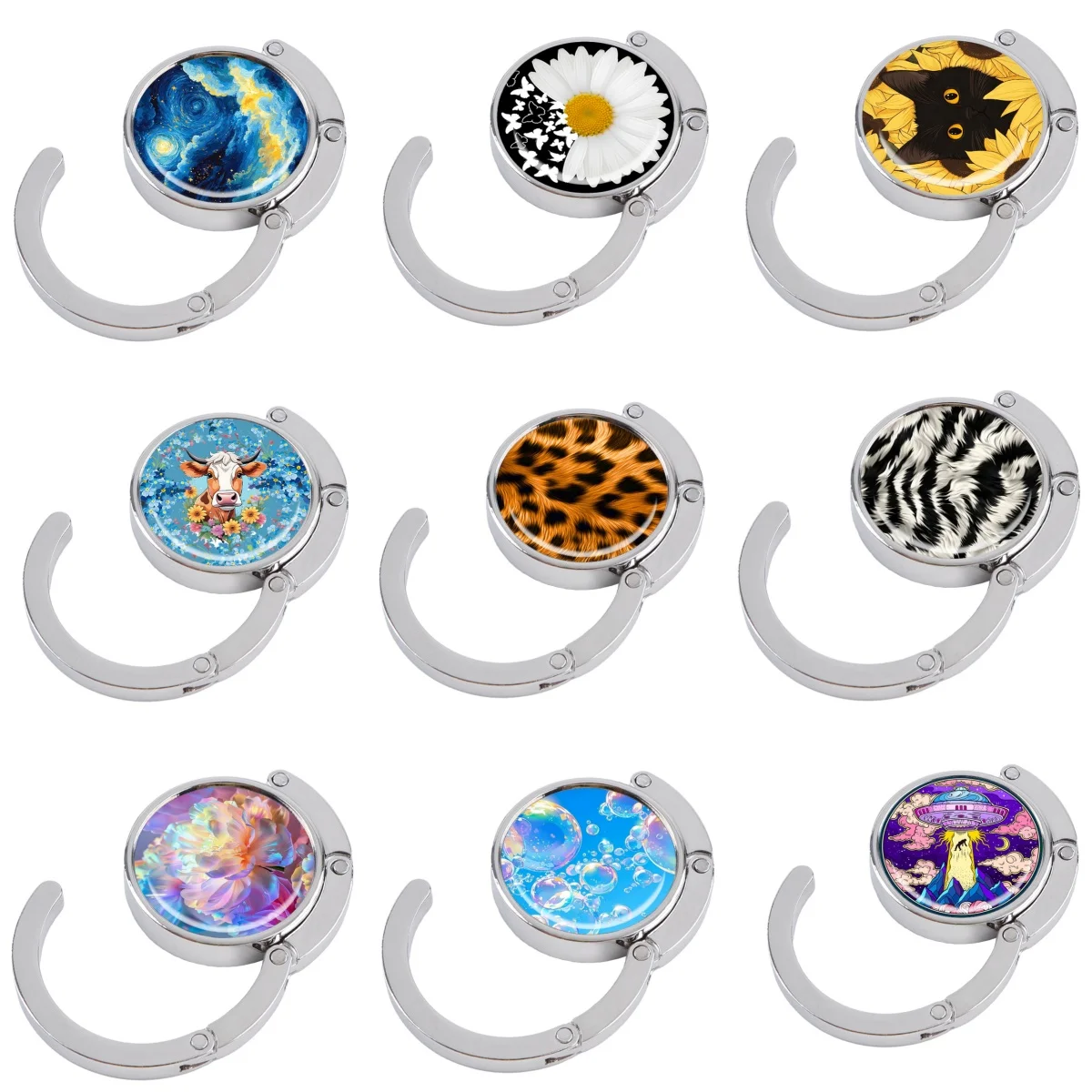 Leopard Print Portable Folding Handbag Hook with Cartoon Cat Design
