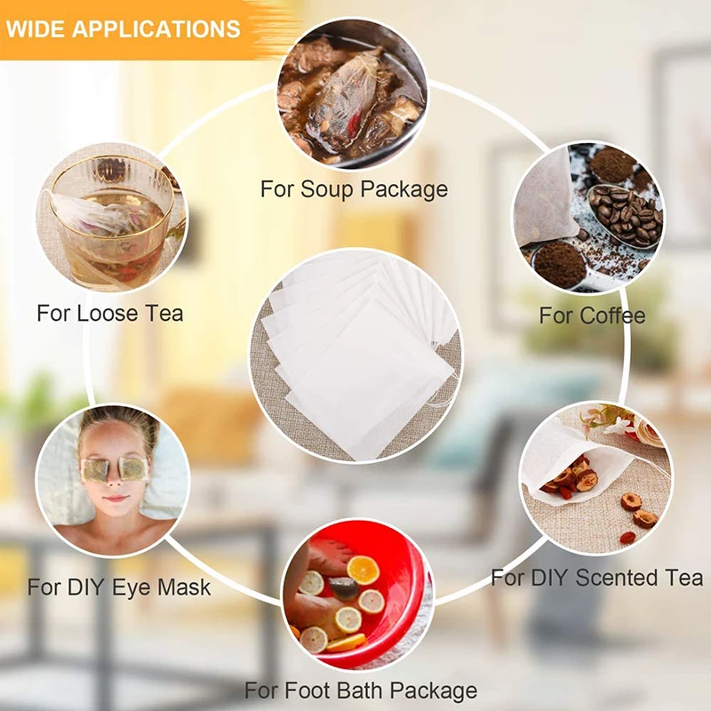 100-Pack Disposable Non-Woven Tea Filter Bags with Drawstring for Loose Leaf Tea and Spices