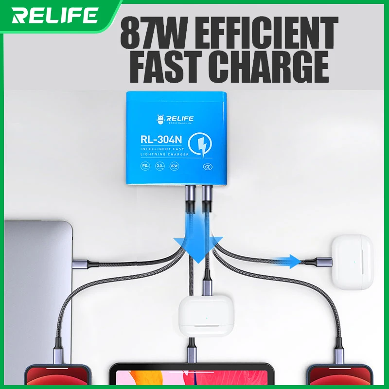 

RELIFE RL-304N 87W PD+QC 3.0 LCD display Smart fast charge 6 port charger for IP/HW/VI/OP/MI/MZ/SAM digital devices charging