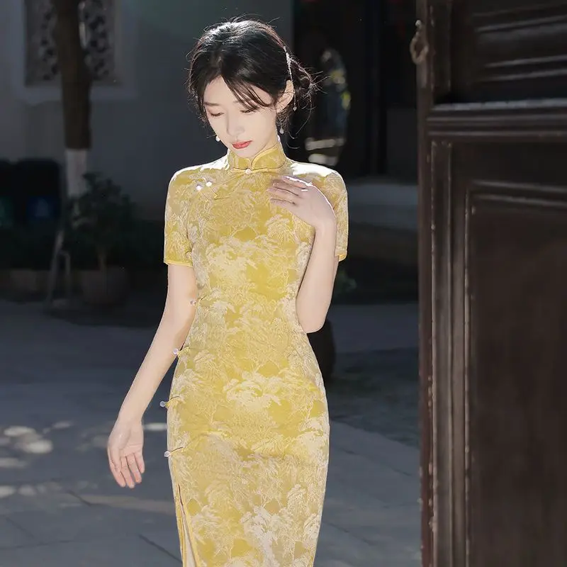 

Yellow Elegant Cheongsam 2023 New Improved Girls Summer Young Lady Chinese Qipao Long Dress