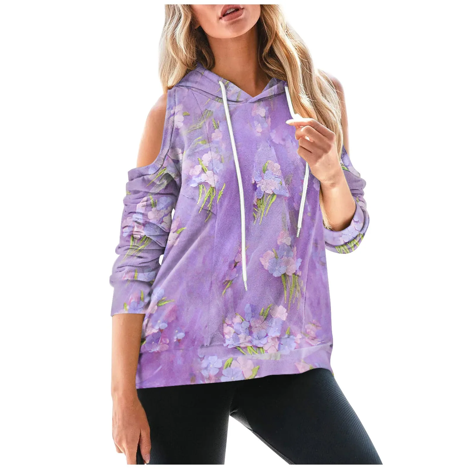 

Women'S Autumn Fashion Casual Pullover Long Sleeve Printing Off Shoulder Hooded Drawstring Sweater Roupas Femininas Frete GráTis