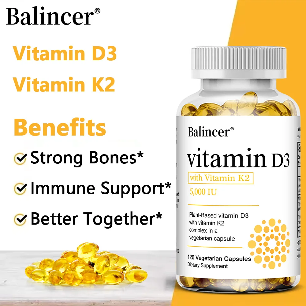 High Potency Vitamin D3 5,000 IU - 120 Vegetarian Capsules - Gluten Free Non-GMO Vitamin K2 + D3 Supplement