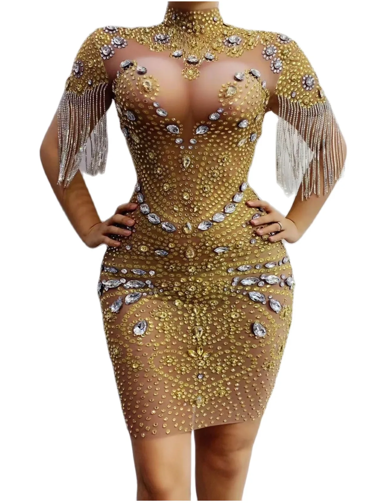 

Gold Shining Rhinestones Crystal Tassel Sexy Sheath Dress For Women Nightclub Party Clothing Singer Stage Coachella Costumes