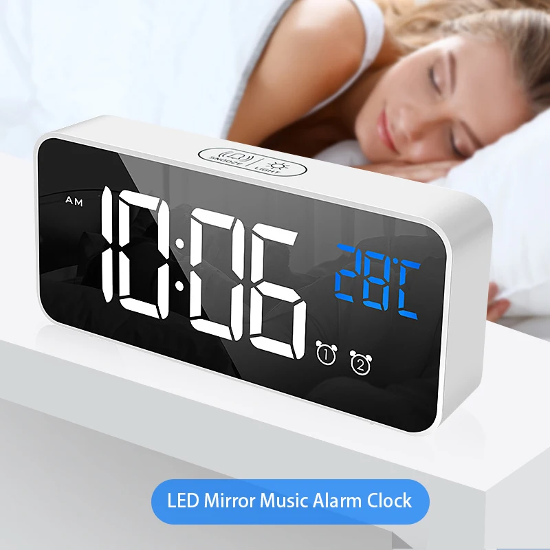 Led Digital Music Alarm Clock 2 Alarm Voice Control Table Clock Snooze Temperature Display