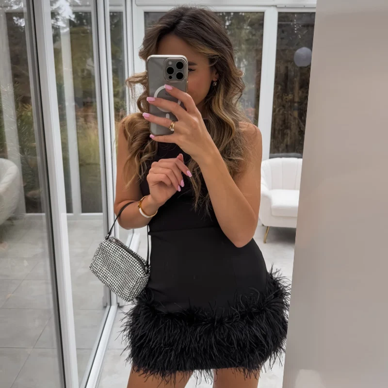 HXAO Black Feather Dress Womens Dresses Autumn 2025 Elegant Party Dresses Mini Elastic Sleeveless Sundress Chic Evening Vestidos S72ed1f6512154c4ba832a340886bec8eA