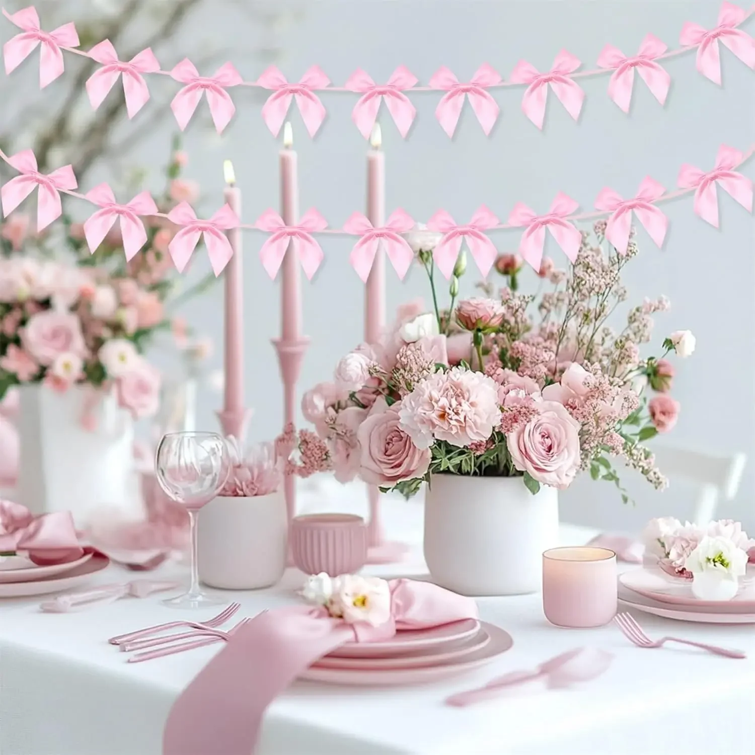1pcs Lovely Pink Bow Hanging Ribbon Garland Banner for Birthday Party, Bridal Shower, Wedding and Bachelorette Party Decor