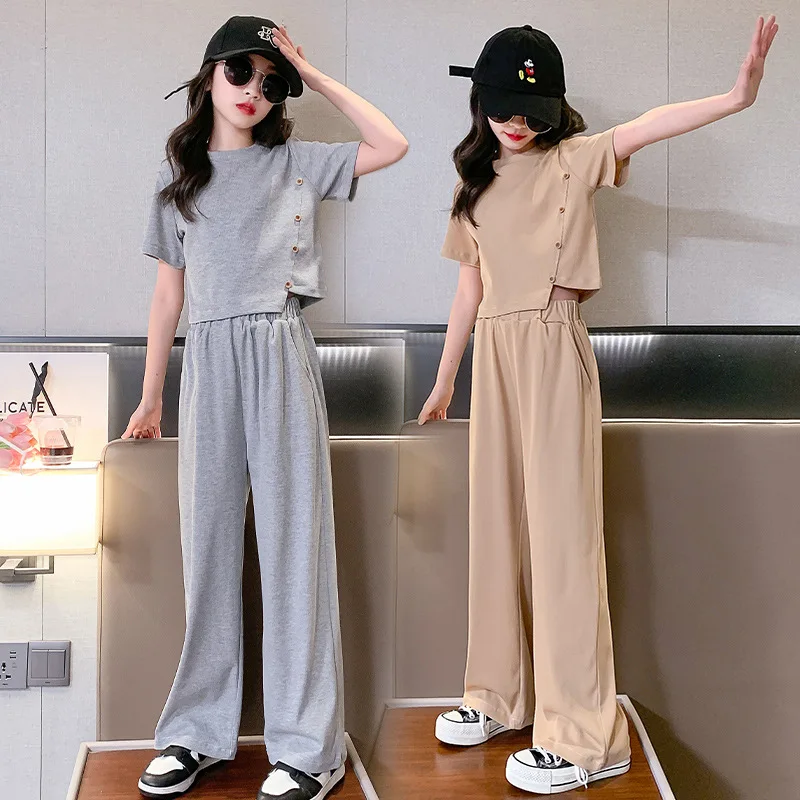 

Girls Clothes Suit Summer 2023 New Children's Thin Sports Casual Girl Button Short Sleeve T-shirt + Wide Leg Pants 2pcs Set