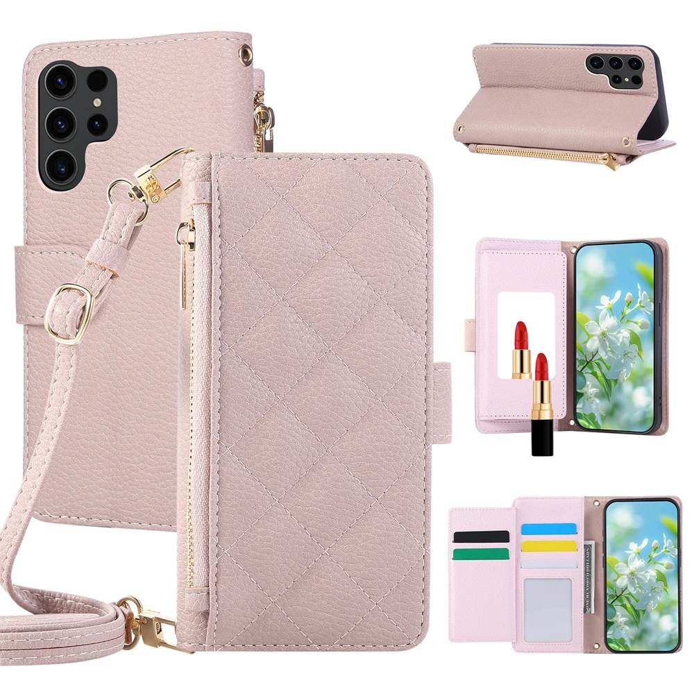 Leather Crossbody Wallet Phone Case with Cash and Card Holder and Adjustable Strap
