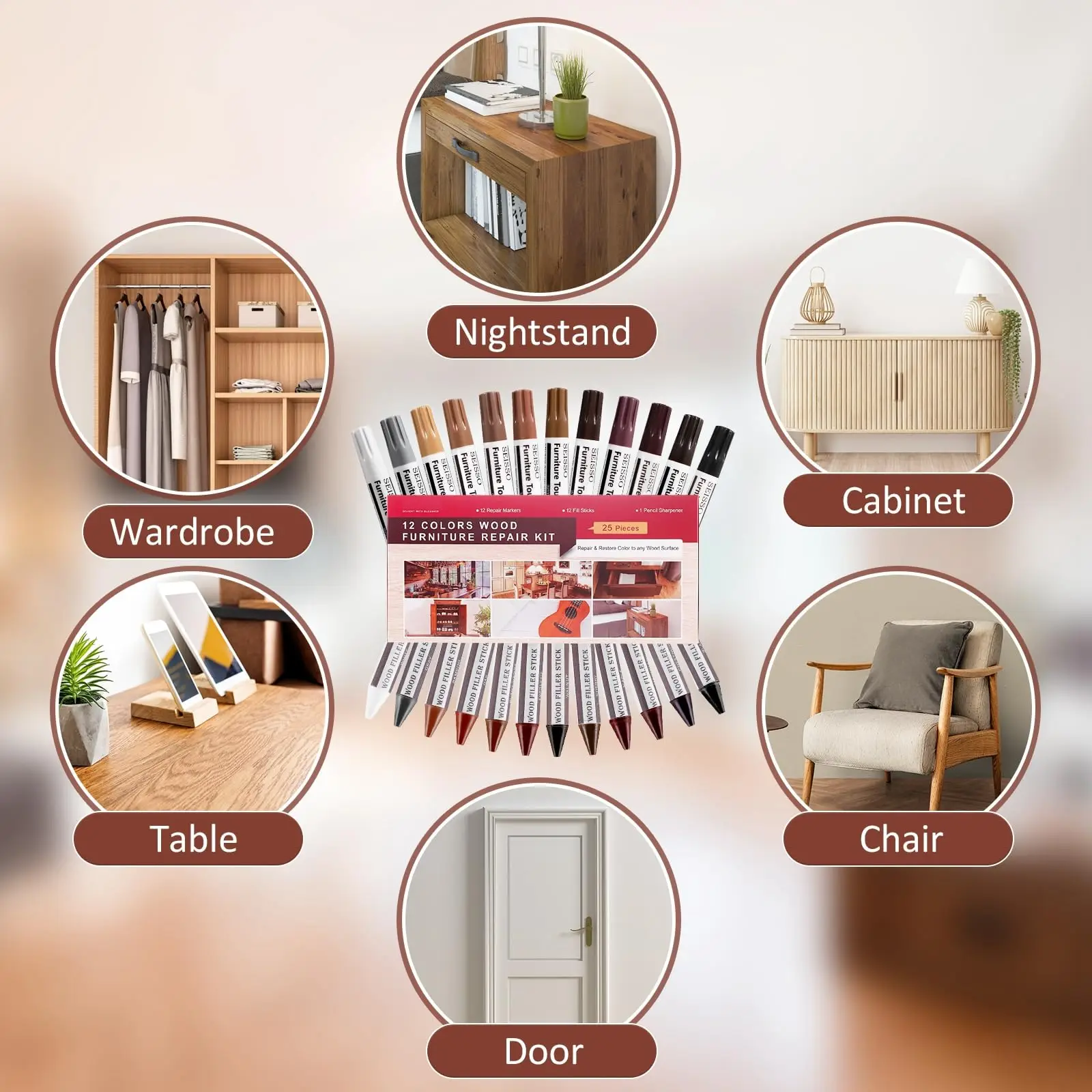 24Pcs Upgraded Wood Repair Kit Markers Wax Sticks with Sharpener Cloth Fix Furniture Scratches Nail Holes Molding Damage Repair
