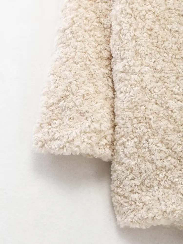 Withered Faux Fur Texture Double-Breasted Coat British Fashion Women's Winter Beige Color Warm Retro Lamb Wool Jacket Women