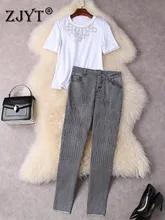 

ZJYT Designer Luxury Diamonds White Cotton T Shirt and Pencil Jeans Pants Set for Women Summer Casual Streetwear 2 Piece Outfit