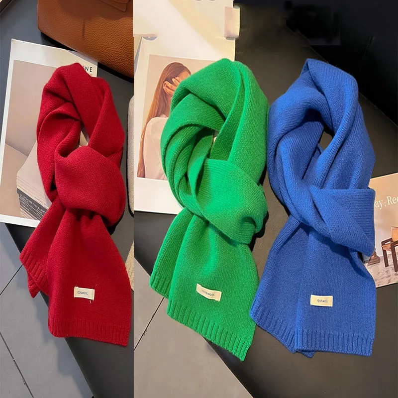 Knitted Scarf Women 100% Wool Winter Warm Scarves Simple Solid Color Design Thick high-quality Shawl Soft Cashmere Pashmina Neck