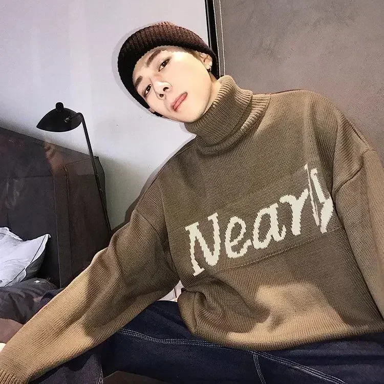 thumbnail image 1 of Suéter de punto de cuello alto para hombre, jersey negro con letras para hombre, cuello alto, réplica de calidad, nuevo en estilo coreano, modo overfit, 1 of 5