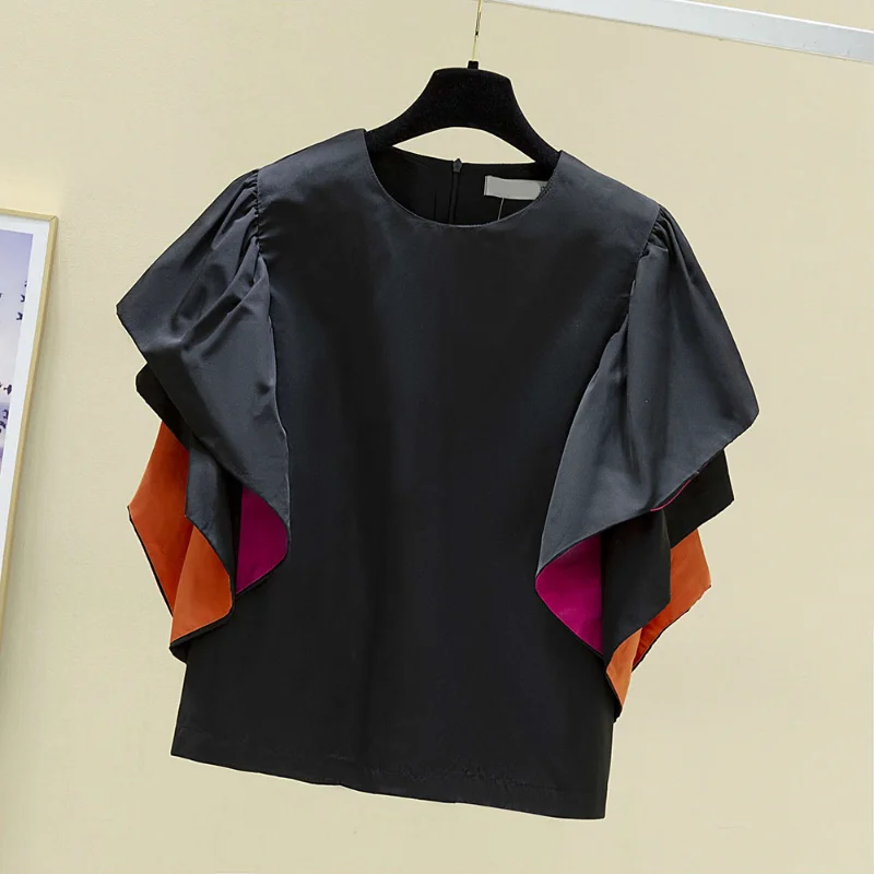 

2023 Women Leaf Flying Sleeve Tshirt Female Summer New Korean Version of Loose Japan Style Indie Spring Black Short-sleeved Tees