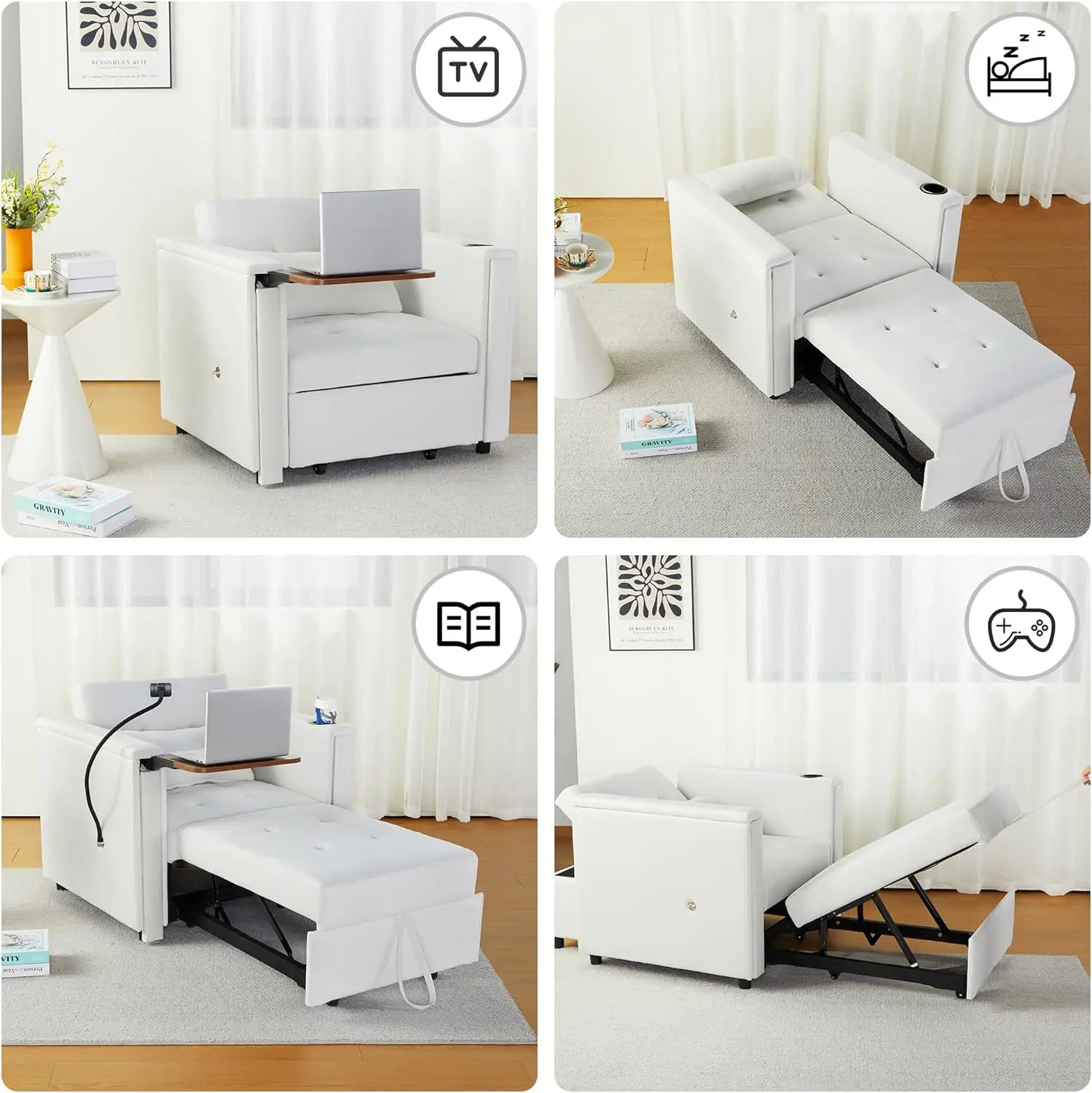 Velvet Convertible Chair Bed, 3 in 1 Multi-Functional Lounge Chair Sleeper, Pull Out Couch Guest Bed with Hidden Table and 4