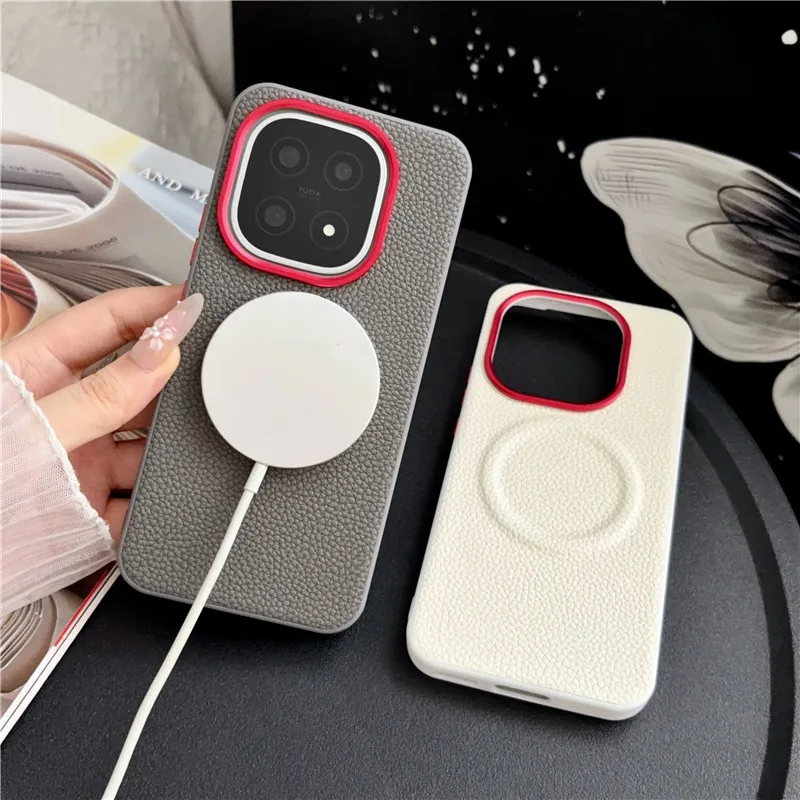 Luxury Magnetic Lychee Pattern PU Leather Non-Slip Case with Metal Camera Frame