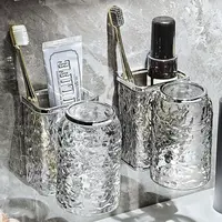 Transparent Toothbrush Rack Water Ripples Drain Upside Down Toothbrush Holder Strong Adhesive Installation PET+ABS Wash Cup Set 1