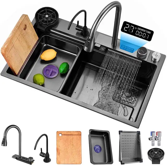 อ่างล้างจานอัจฉริยะ Gunmetal สีเทาสแตนเลสน้ําตกพร้อมก๊อกน้ํา Sprayhead 1 Bowl Drop Workstation พร้อมจอแสดงผล LED TEMP 1