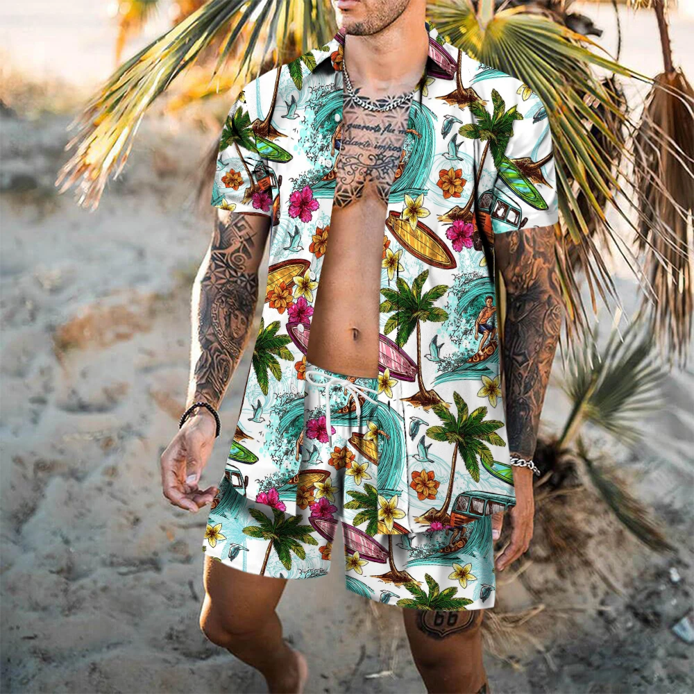 

2022 New Fashion Men‘s Short Sleeve Sets Hawaiian Shirt And Shorts Summer Printing Casual Shirt Beach Two Piece Suit Clothin