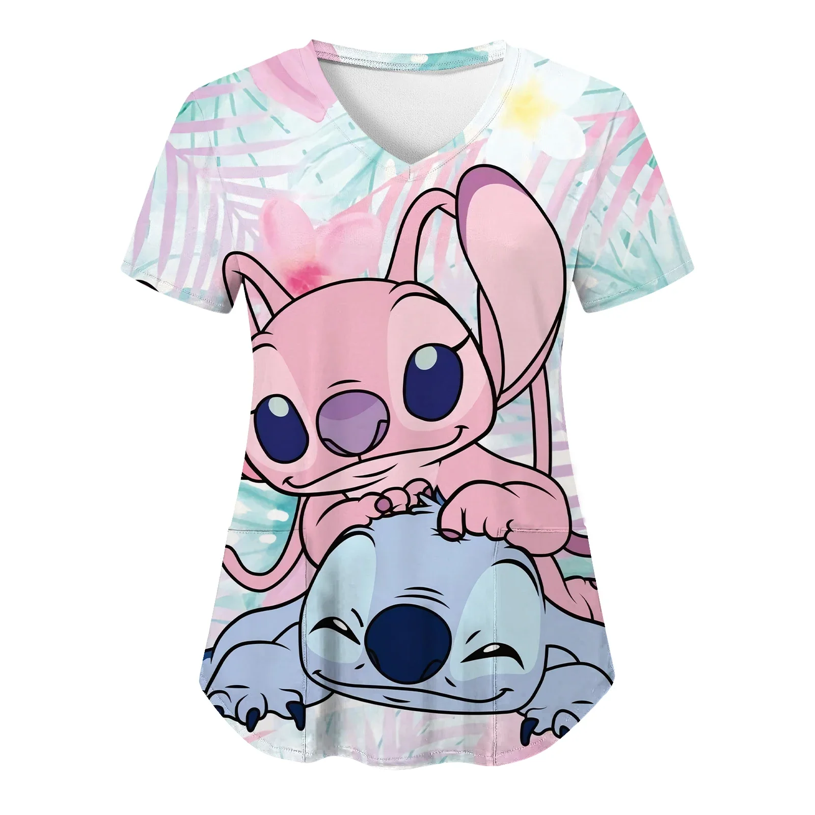 

Miniso Nurse Uniform Tops V Neck T Shirt Disney Stitch Hospital Woman Clothes Pocket Top Women 2024 Summer Tshirt Shirts Tees