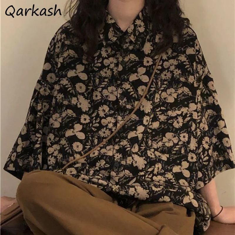 

Shirts Women Baggy Summer Black Floral Vintage Vacation Boyfriend Unisex 2023 Popular Harajuku Designed Camisas Streetwear Tops