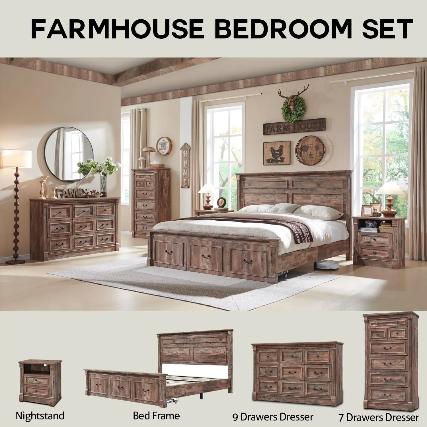 Farmhouse King Size Bed Frame with Roman Column Decoration,with 51" Tall Headboard, Wood Bed Frame with 20" Tall Footboard. 5