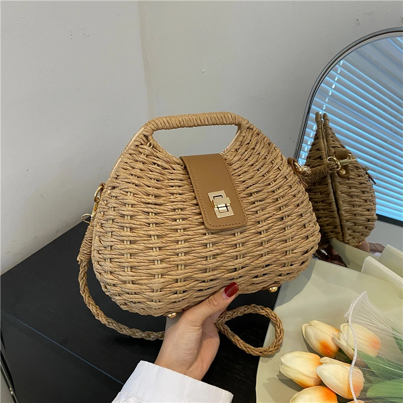 

Luxury Straw Woven Bag Summer New Women Handwork Rattan Weave Shoulder Bags Bohemian Crossbody Beach Bag Ladies Triangle Handbag