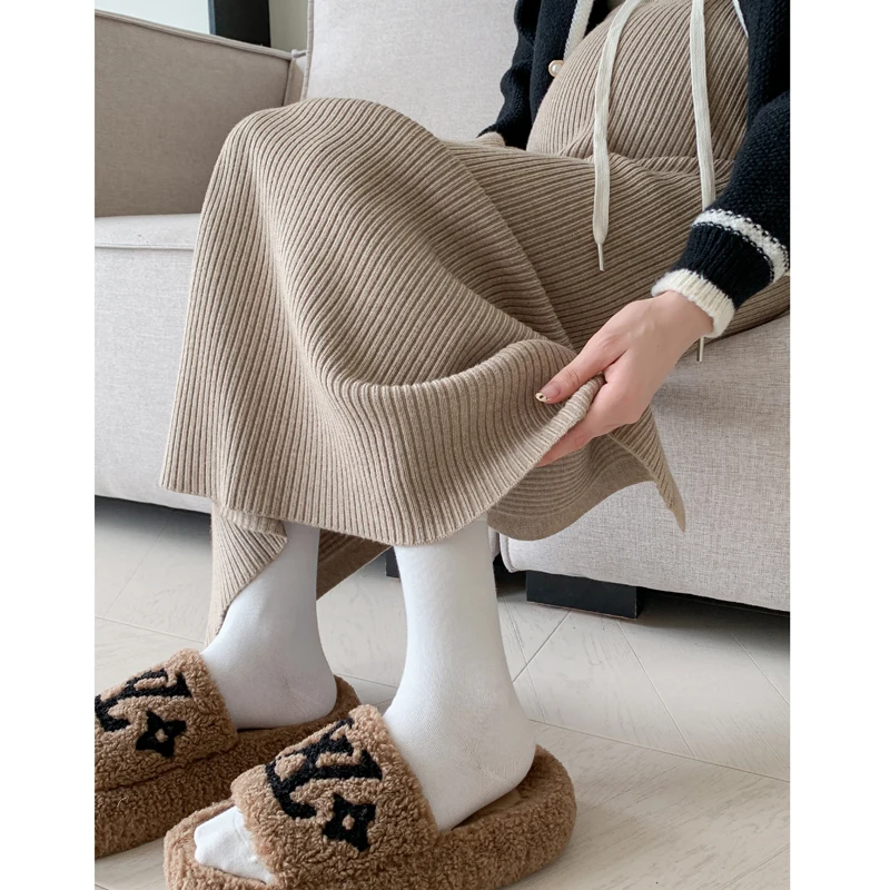 Autumn Winter Thick Knitted Long Skirts Maternity Drawstring Slim Fit Pencil Back Splits Bottoms for Pregnant Women Prgenancy