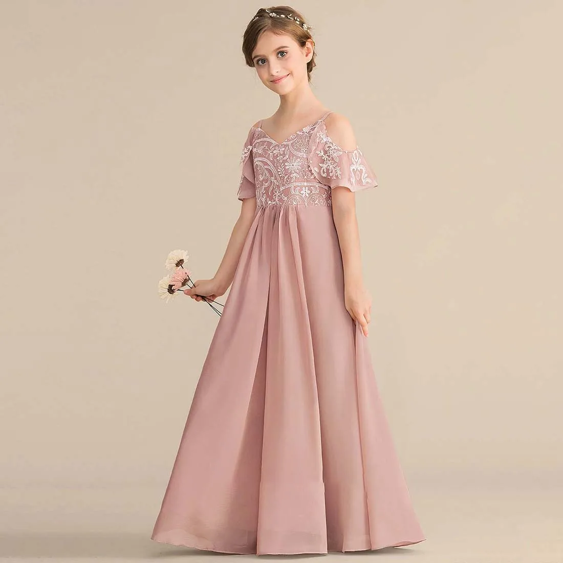YZYmanualroom Chiffon Lace Junior Bridesmaid Dress A-line Cold Shoulder Floor-Length 2-15T
