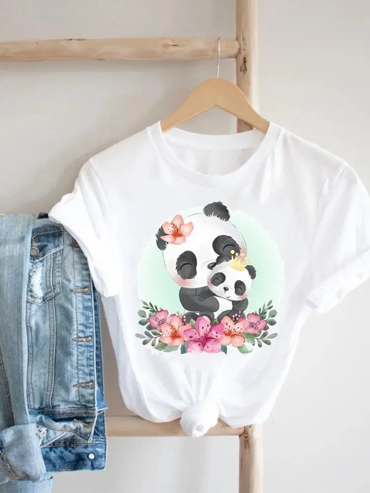 

Print Short Sleeve Flower Panda Lovely Summer Tee Pretty Casual Fashion Women Clothing Tshirt Nice Top Graphic T-shirt
