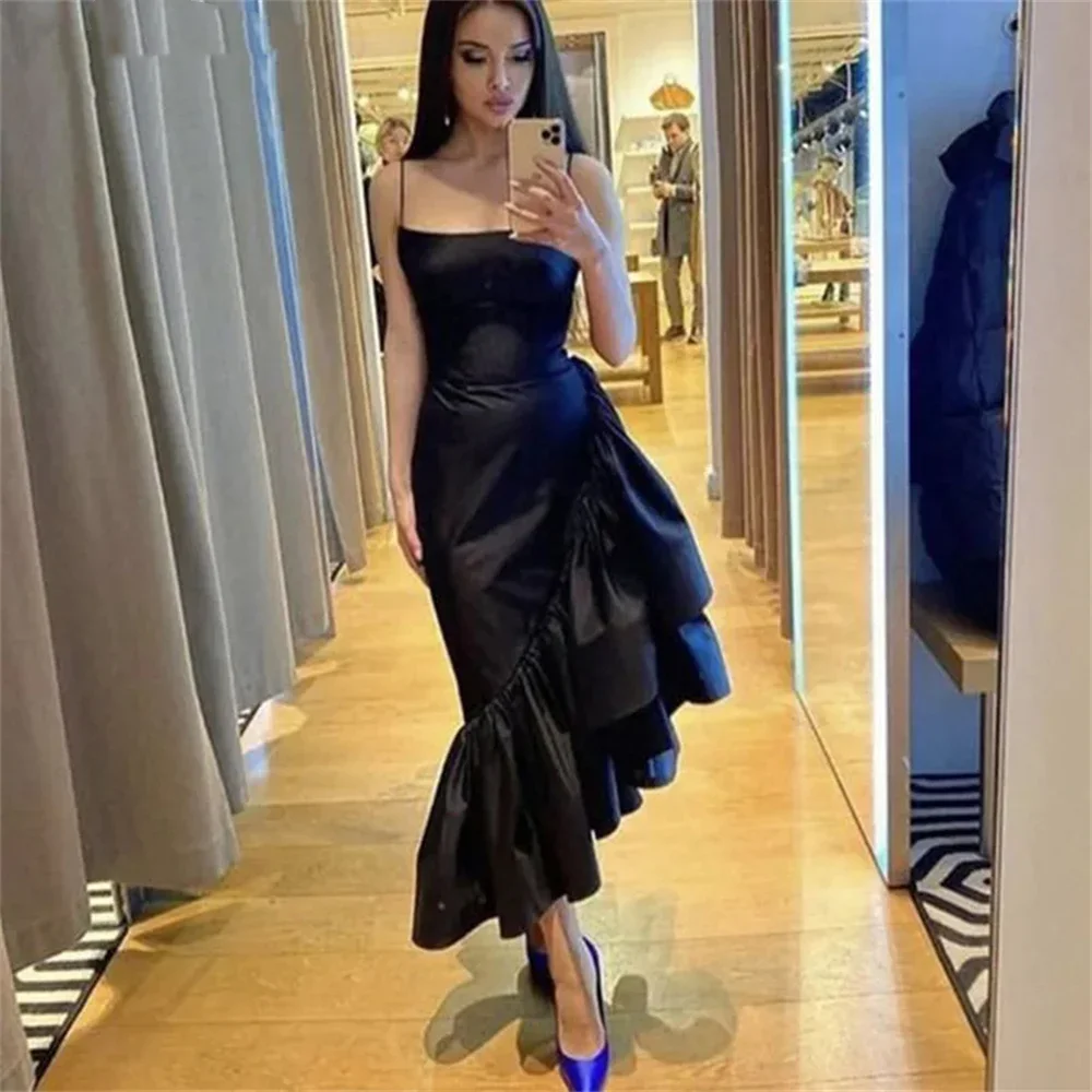 

Black Ankle Length Long Party Dresses Stain Tiered Pleat Vintage Night Dress Square Collar Celebrity Dress Vestido De Fiesta