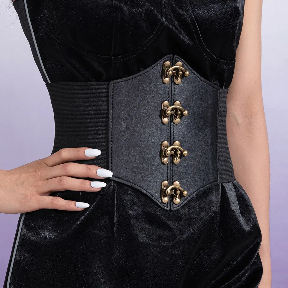 Ceinture Corset élastique à Lacets - Cuir Synthétique Noir - Taille Unique (71-79 Cm) - Neuf