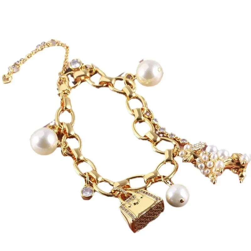 

Wholesale Jewelry Enamel Glaze Cute Three-dimensional Handbags Cute Dog Pearls Multiple Pendant Bracelets Jewelry Set for Women