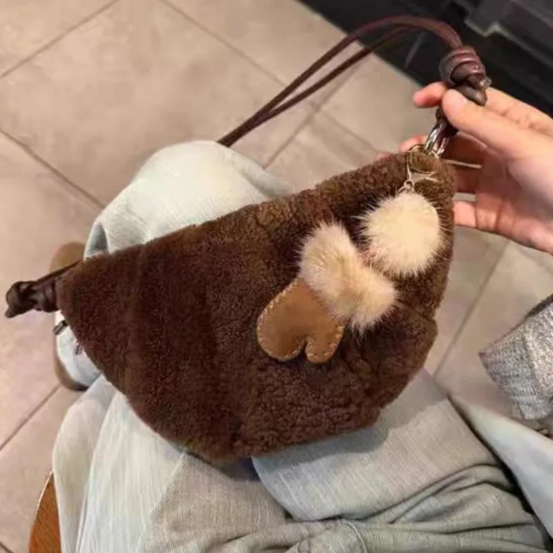 JIAERDI Cute Lambswool Croissant Bag Women Retro Brown Compact Shoulder Bag Ladies Korean Personalized Casual Crossbody Bag 2025