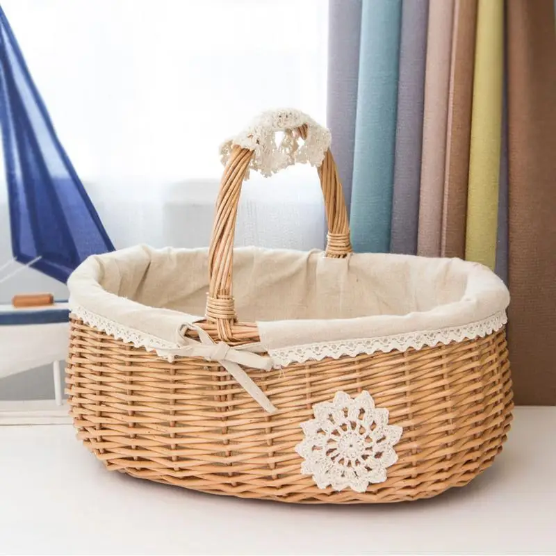 Basket Picnic Wicker With Woven Flower Handle Baskets Storage Decorative Rattan Willow Organizer Camping Picnic Basket