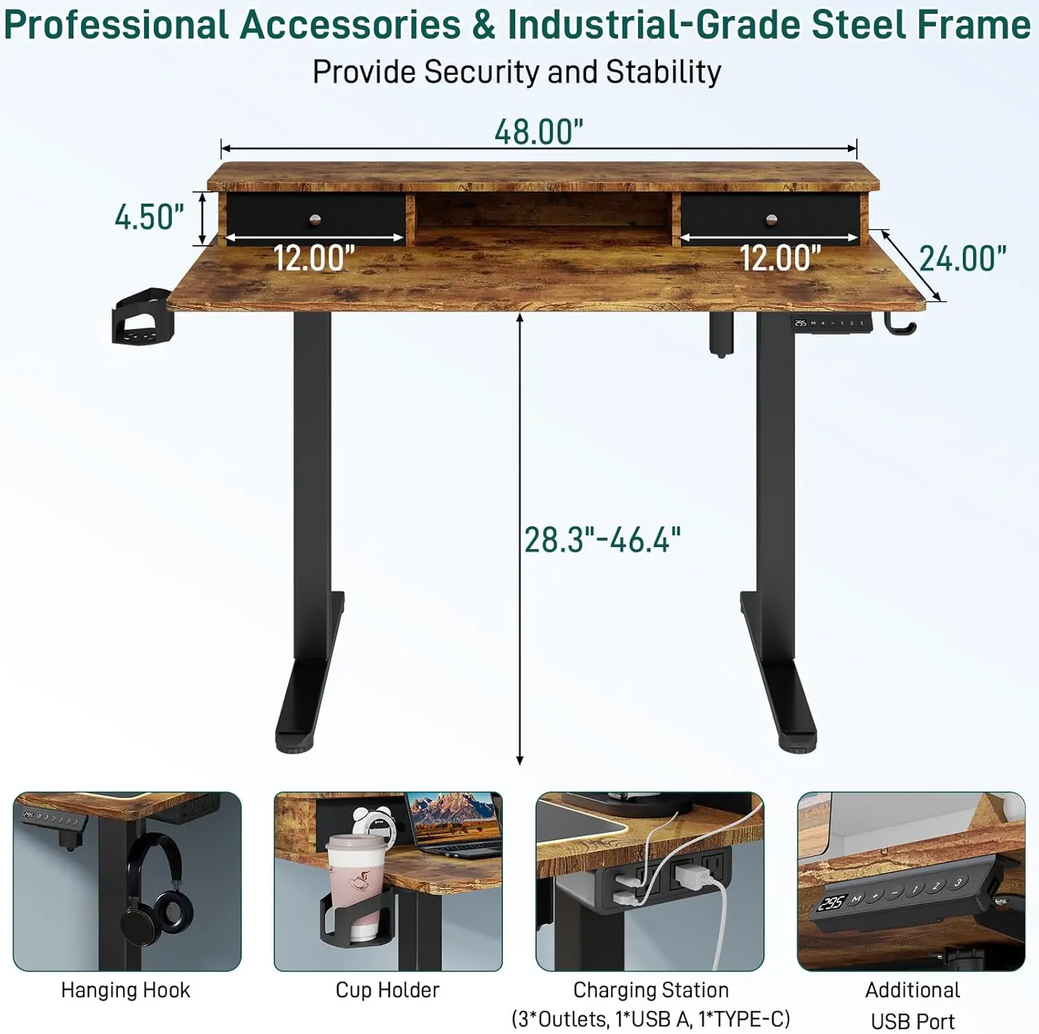 Vabches Height Adjustable Computer Desk Electric Standing Desk for Home Office Gaming Desk with LED Light&Power Outlet&Metal Leg 3