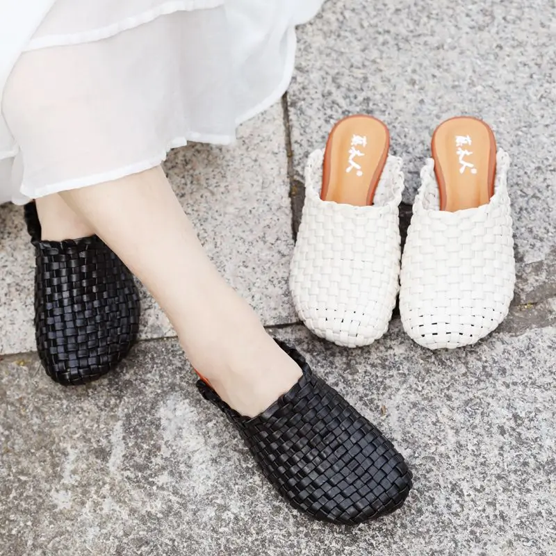 

3cm Weave Genuine Leather Ethnic Women Slippers Round Toe Slip on Fashion Flats Designer Summer Authentic Elegance Shallow Shoes