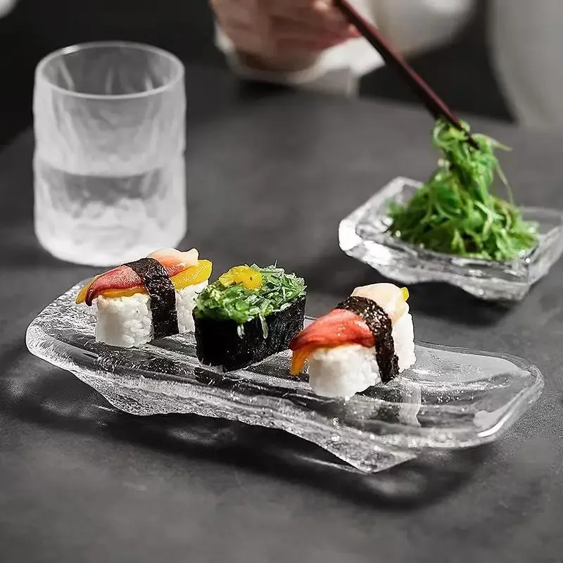 Japanese glass sashimi board, ice river sushi, kitchen dishes, tableware, dinner, cake, restaurant, bar, family garden