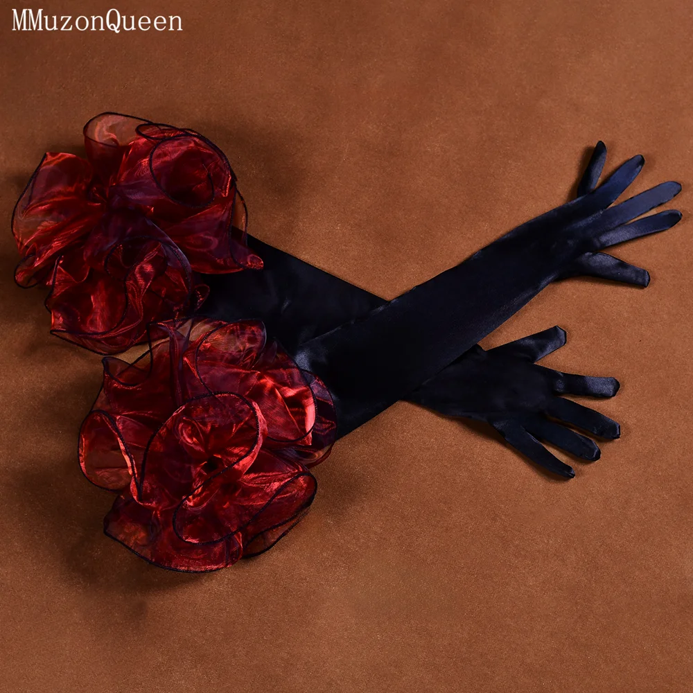 MMQ Black Satin Over-The-Elbow Gloves Red Wine Red Flowers Embellish Ball Accessories Bridal Gloves With Fingers