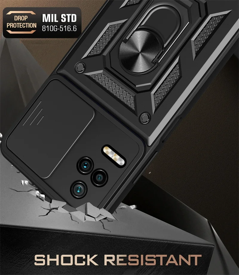 Magnetic Ring Bracket Armor Back Cover with Slide Camera Protector