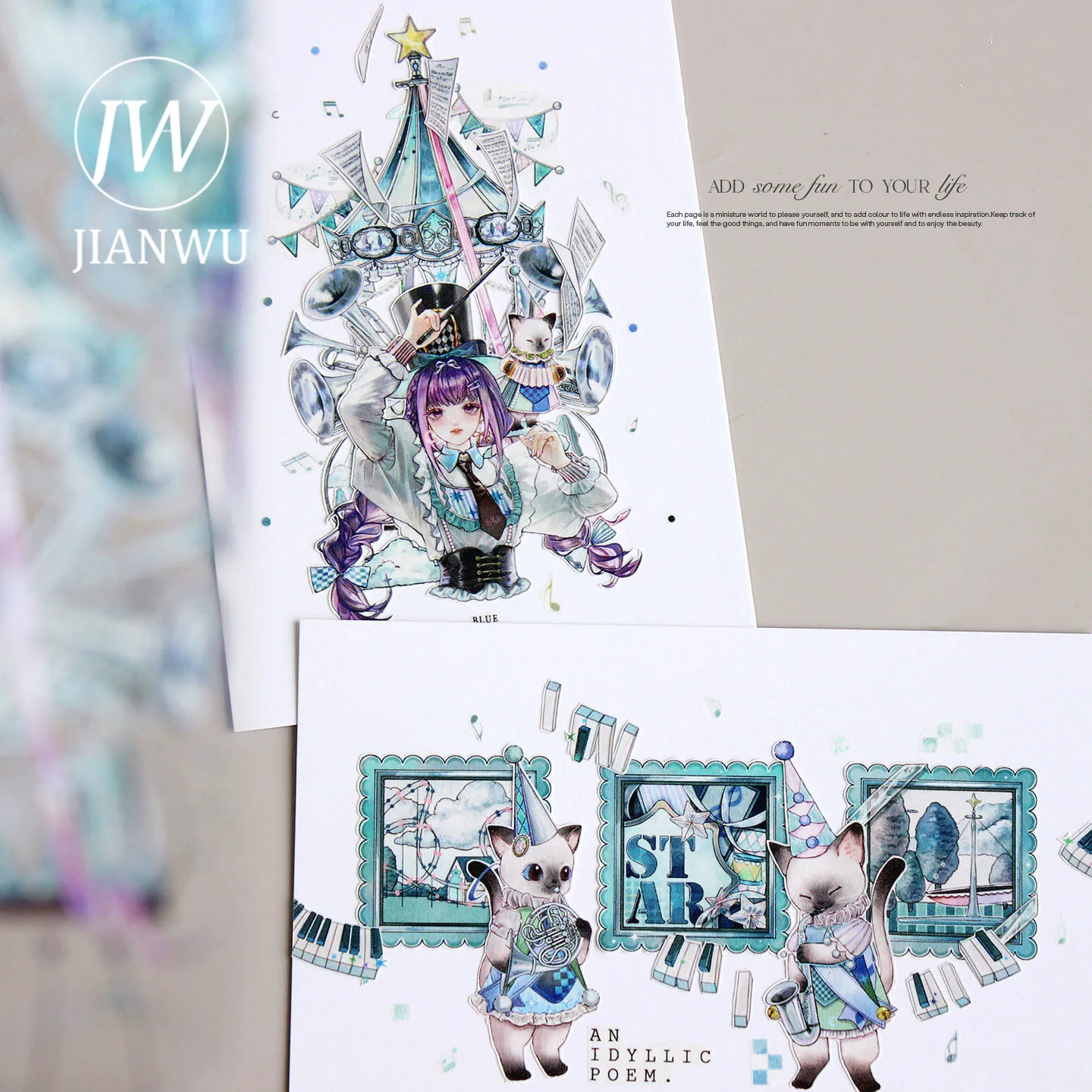 JIANWU 70mm * 10m 빈티지 고양이 캐릭터 심포니 풍경 소재 콜라주 스크랩북 PET 테이프 크리 에이 티브 DIY 저널 문구
