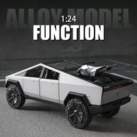 1:24 Tesla Cybertruck Pickup With Motorcycle Alloy Car Model Diecast Toy Vehicle Sound and Light Simitation Cars Model Toys Gift 1