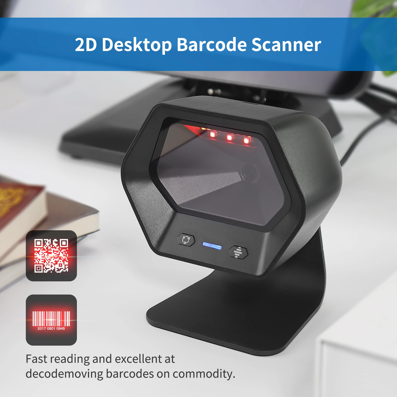 NETUM Desktop 2D QR Barcode Scanner Omnidirectional Hands-Free Wired USB Big Barcode Reader 1D QR Screen Barcodes Scanning